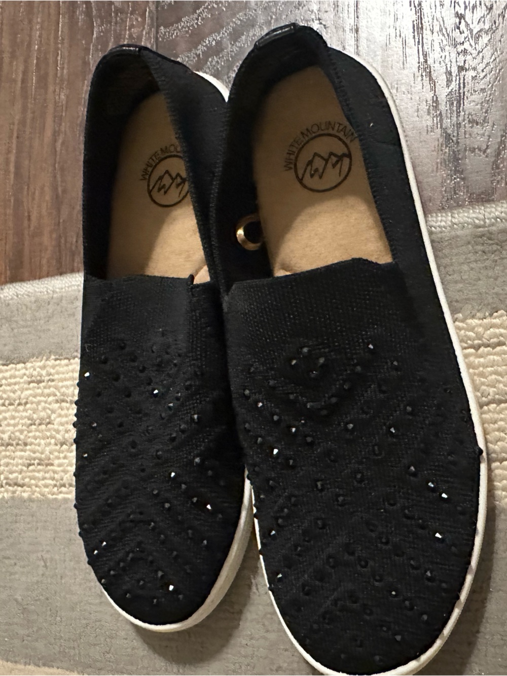 White Mountain Black Slip-On Moccasins with Subtle Bead Embellishments